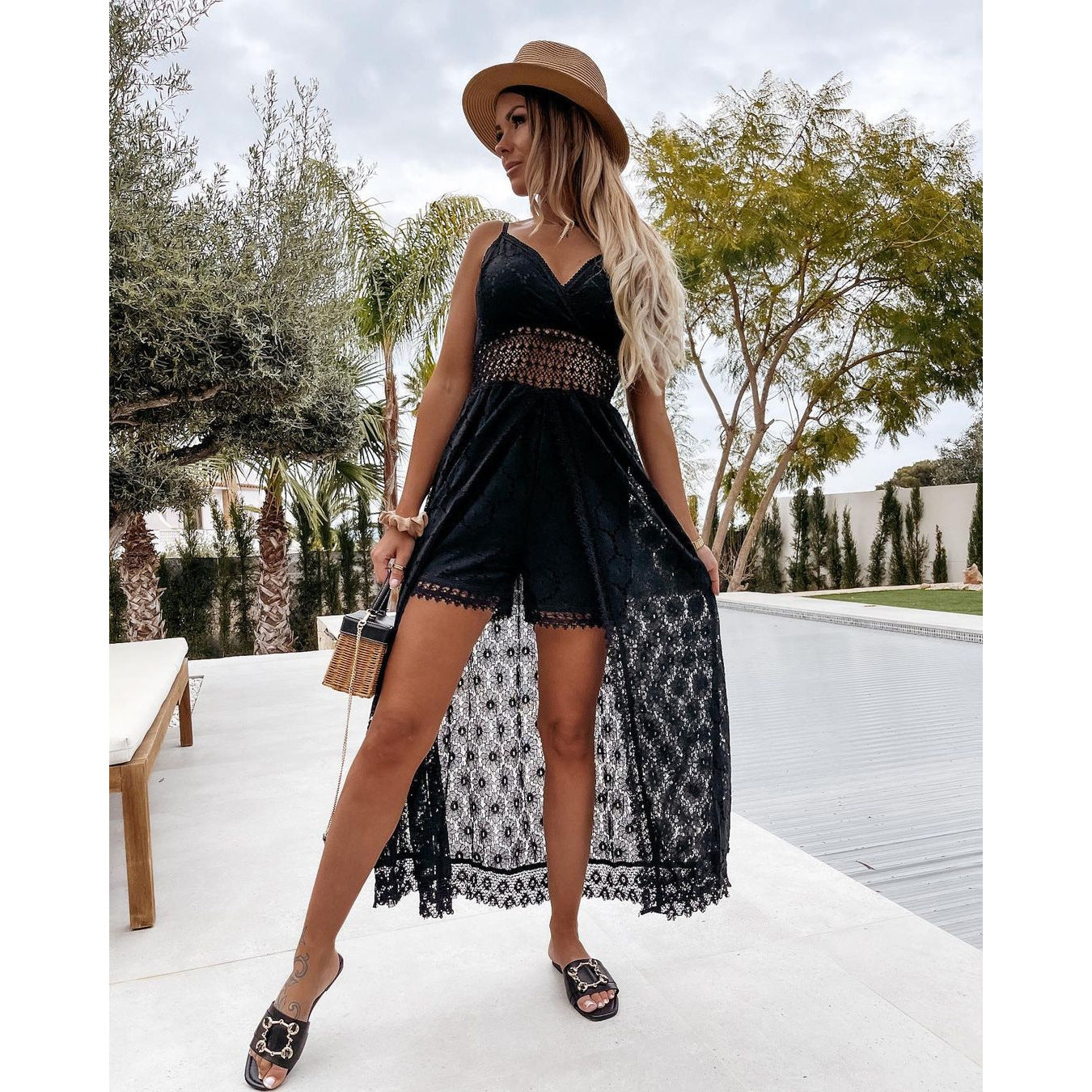 Strap Stitching Jumpsuit Home Vacation Hollow Out Cutout Jumpsuit