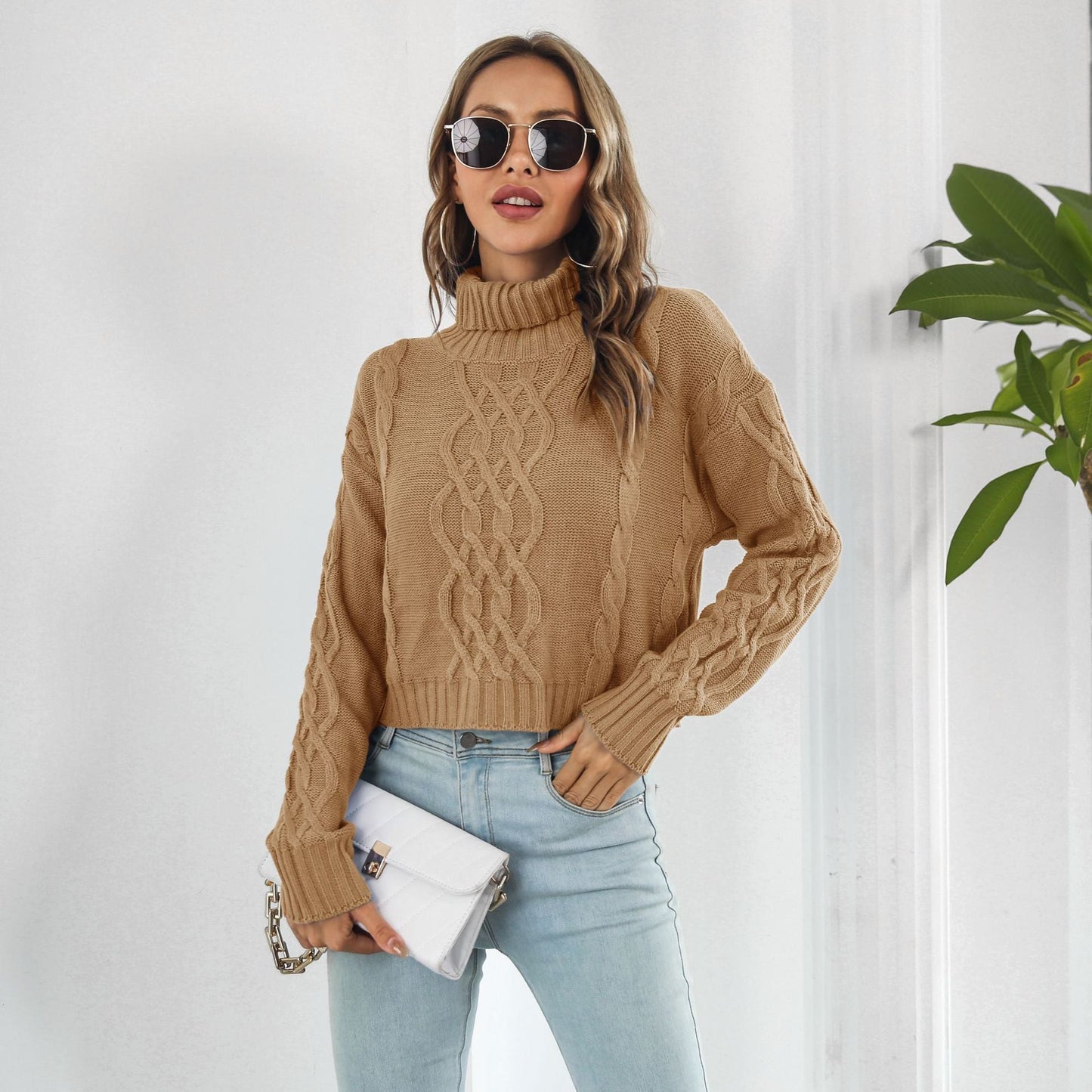 Knit Turtleneck Short Sweater Loose Autumn Winter Long Sleeve Sweater Sweater
