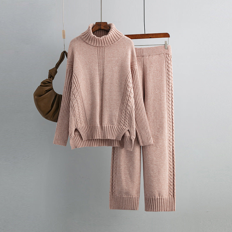 Turtleneck Pullover Thickened Knitting Sweater Set Autumn Winter Loose Idle Wide Leg Pants Two Piece Set