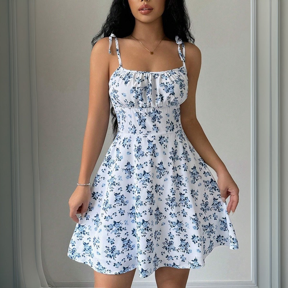 Spring Summer Clothing Popular Strap Dress Waist Square Collar Mini Dress