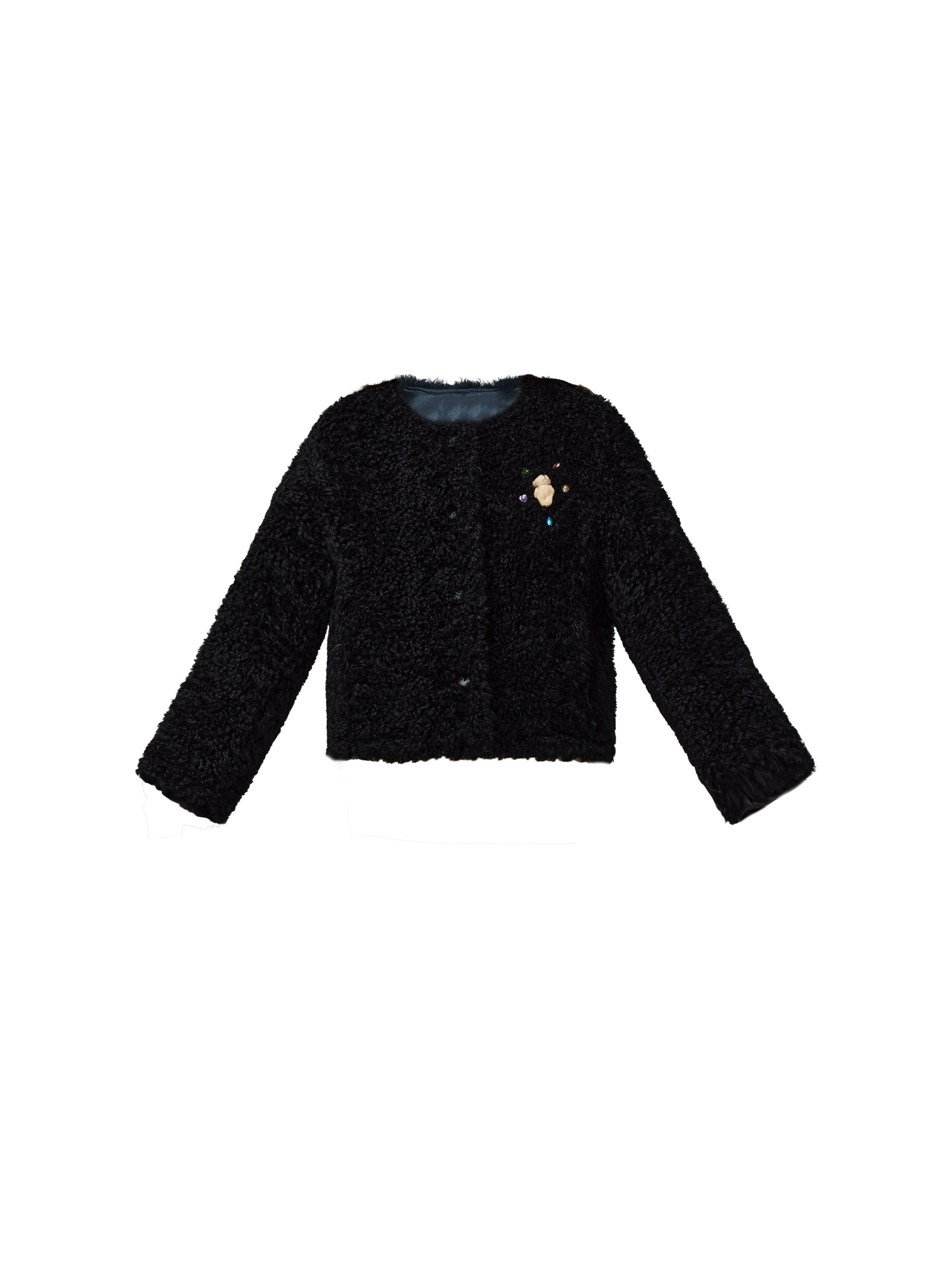 Cozy Teddy Bear Cardigan: Plush Textured Cropped Jacket With Charming Embroidered Details