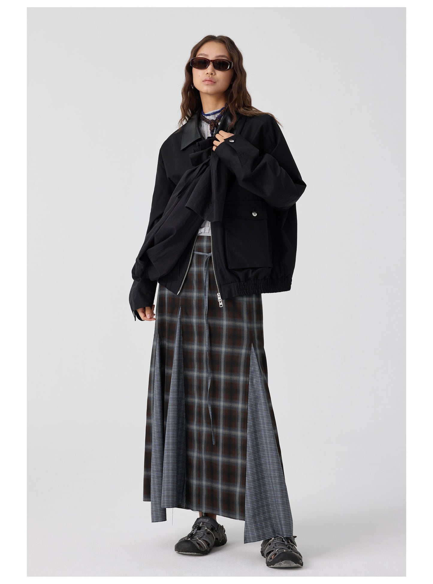Plaid Asymmetric Panel Mermaid Long Skirt