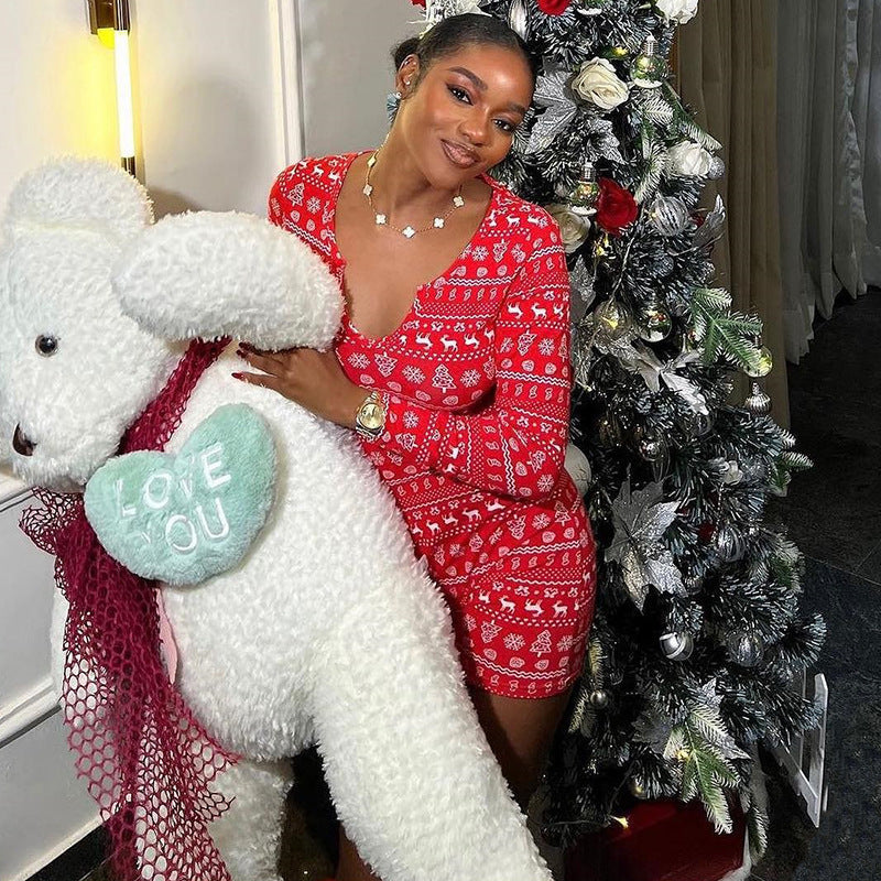 Autumn Winter Home Christmas Grid Printing Long Sleeve Shorts V Neck Jumpsuit