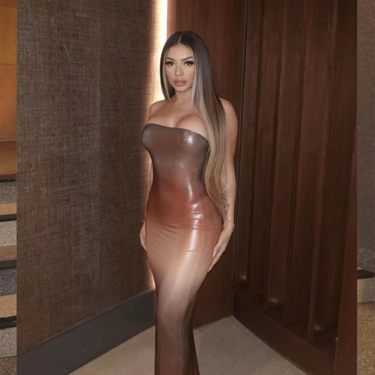Autumn Tube Top Maxi Dress Nightclub Tight Fitting Cinched Hip Dress