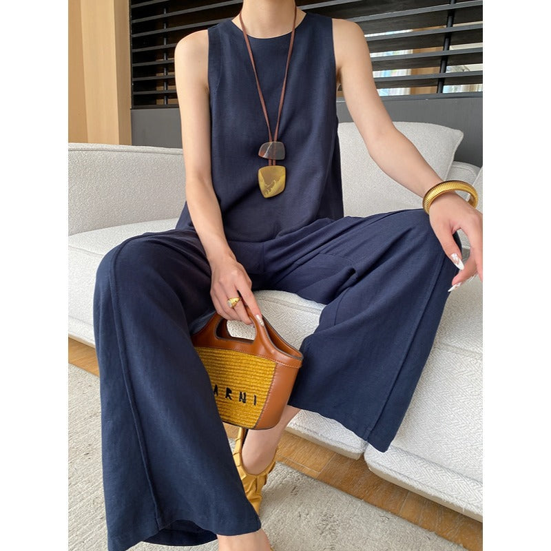Summer Loose Feeling Tencel Linen Vest Wide Leg Pants Two Piece Suit