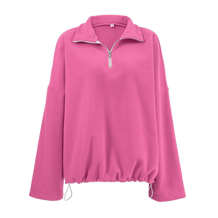 Autumn Winter Pink Collared Fleece Sweatshirt Lamb Wool Tops