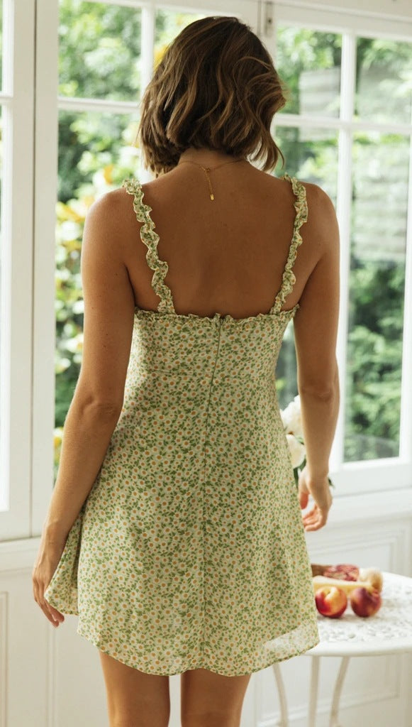 Green Ruffled Strap Mini Dress