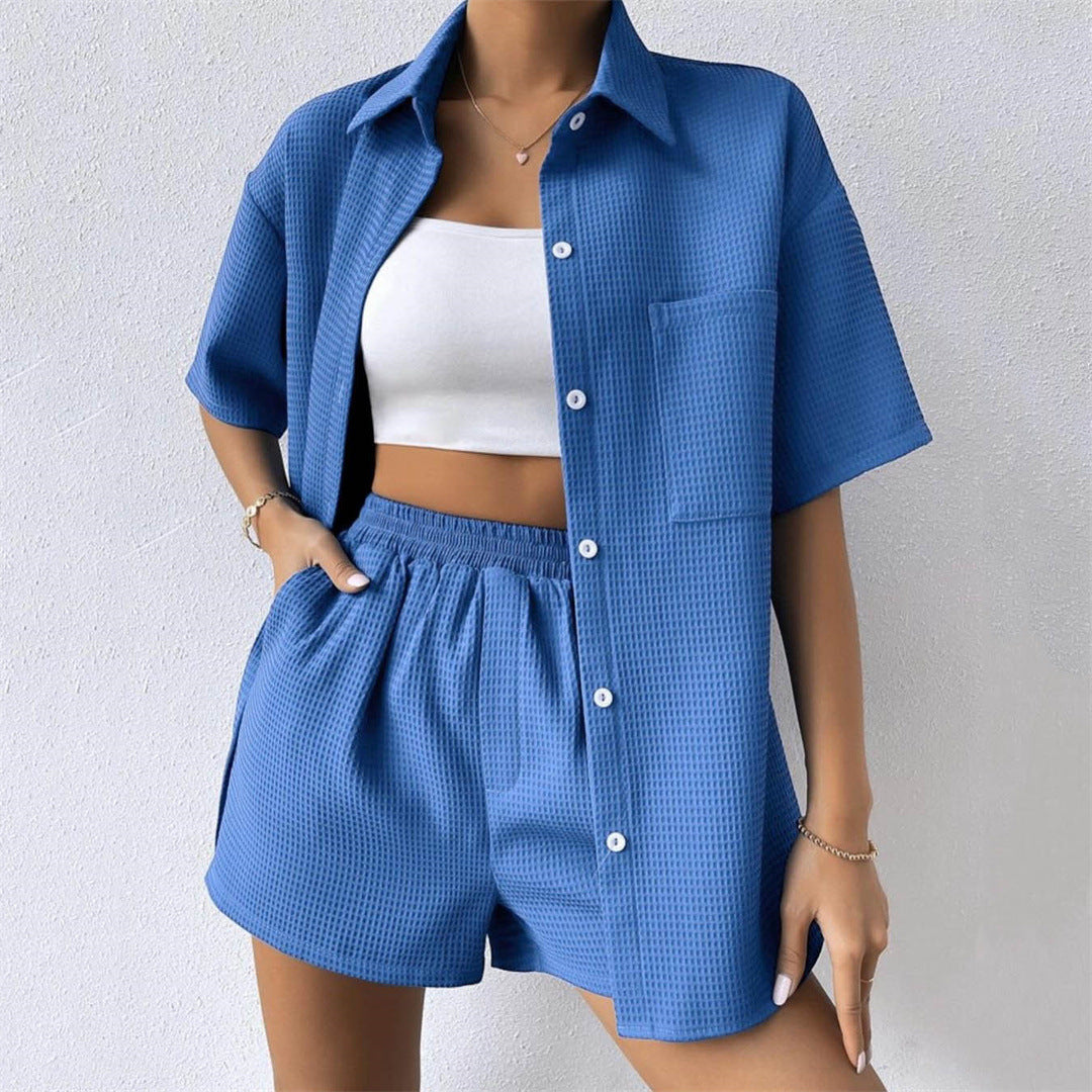 Summer Suit Loose Short Sleeved Shirt Elastic Waist Shorts Two Piece Set
