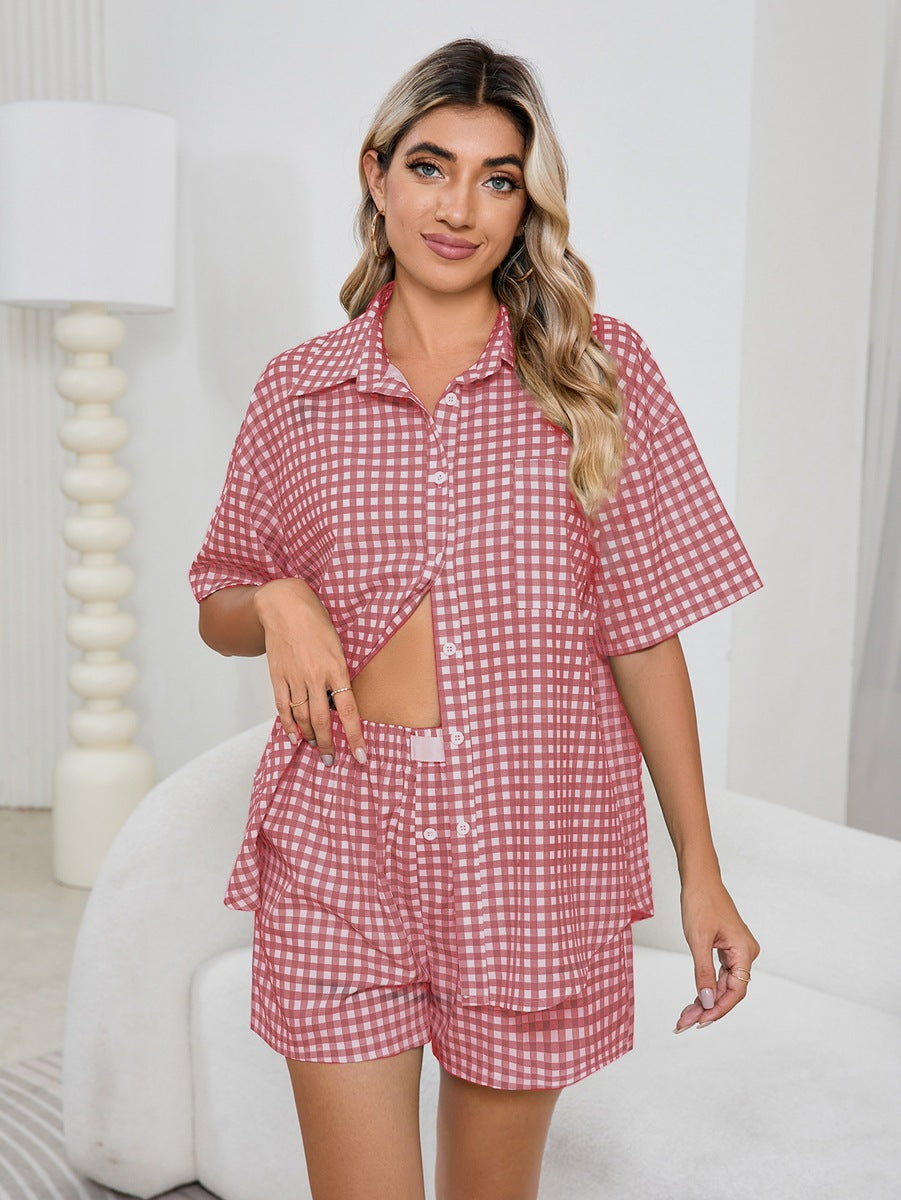 Comfortable High Waist Loose Wide Legs Retro Plaid Shorts Checked Shirt