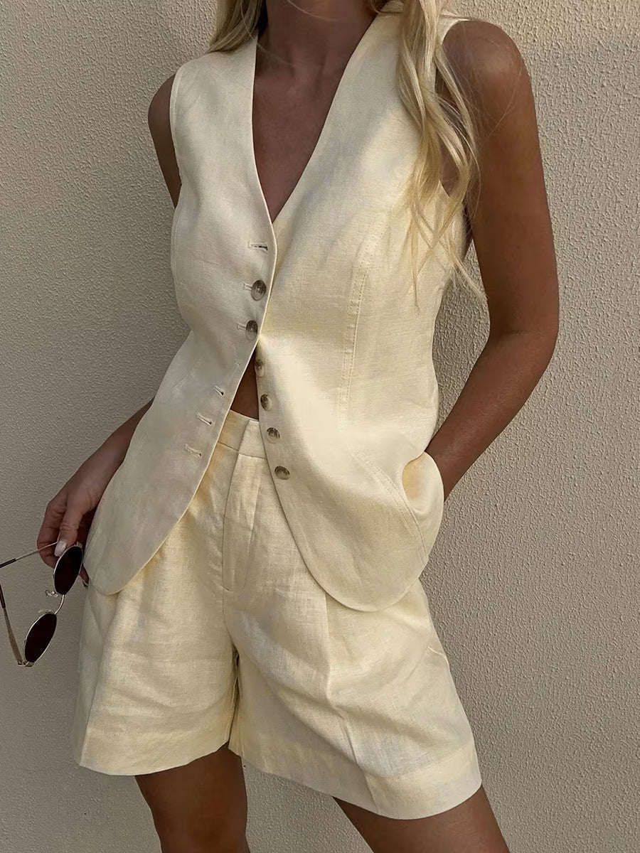 Cotton Linen Vest Shorts Set Summer Office Vest Shorts Set