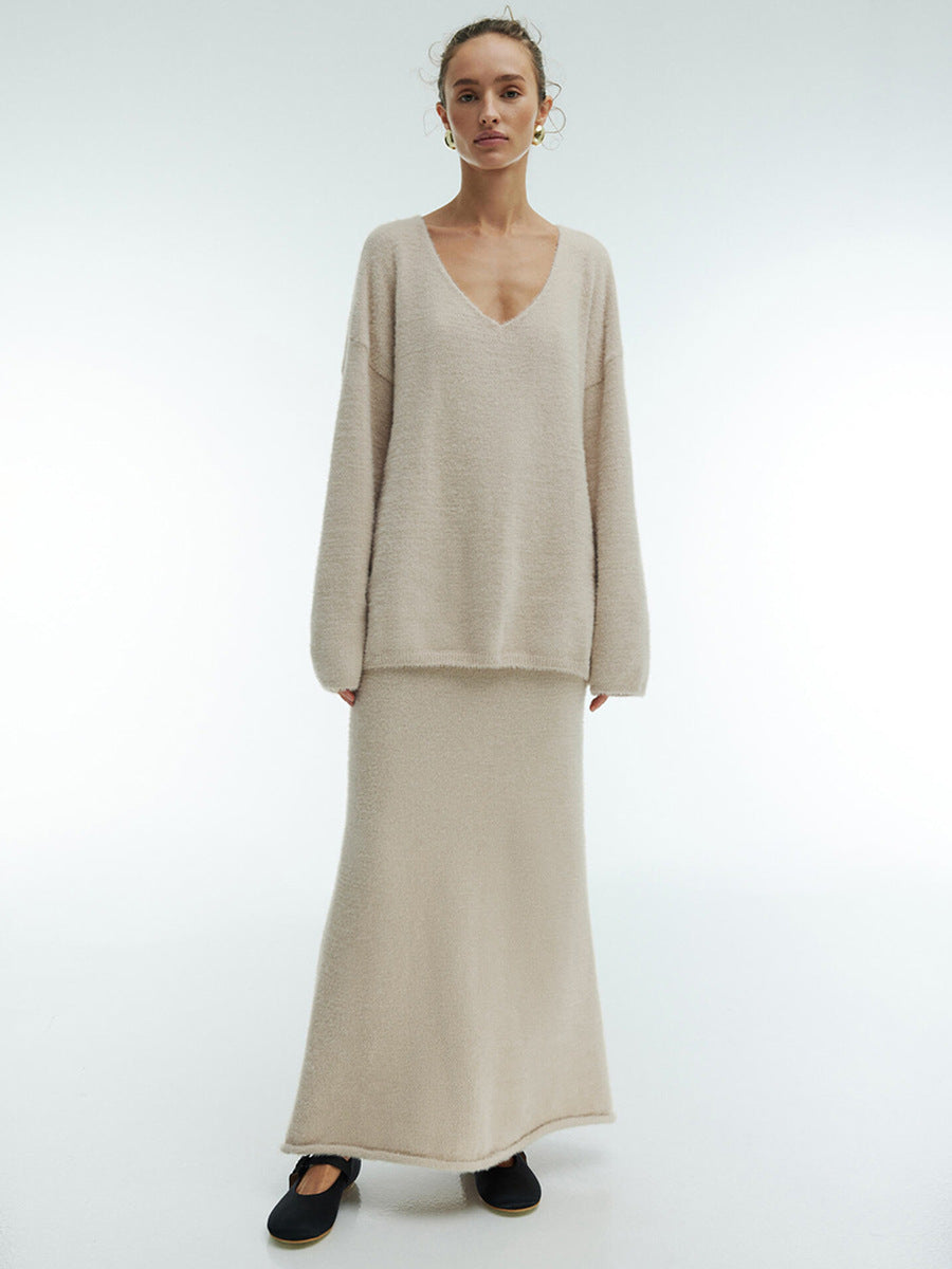 Sweater Suit Autumn Winter Office Simple Knitting V Neck Sweater Skirt Set