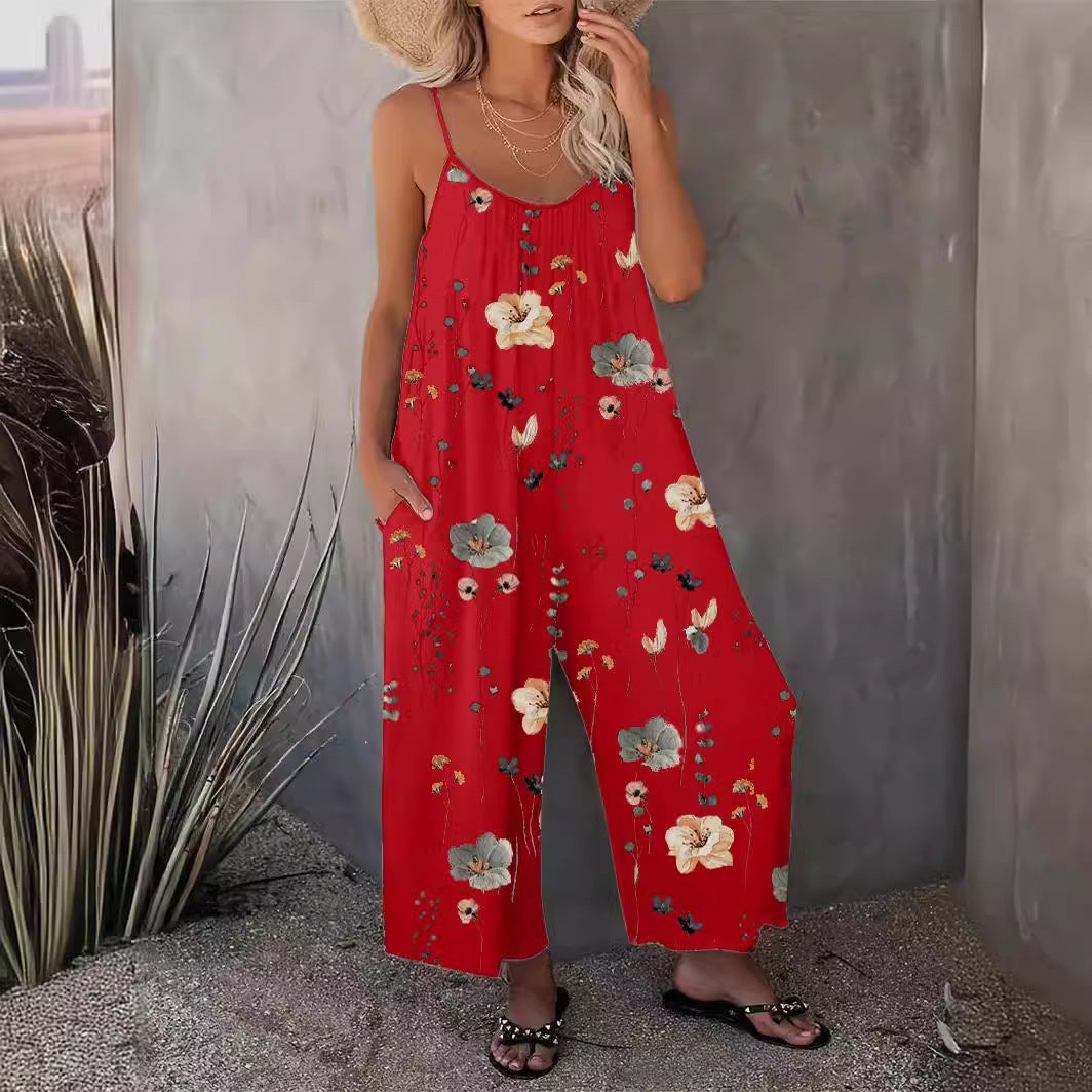 Spring Summer Suspender Trousers Autumn Best Printed Sleeveless Jumpsuit