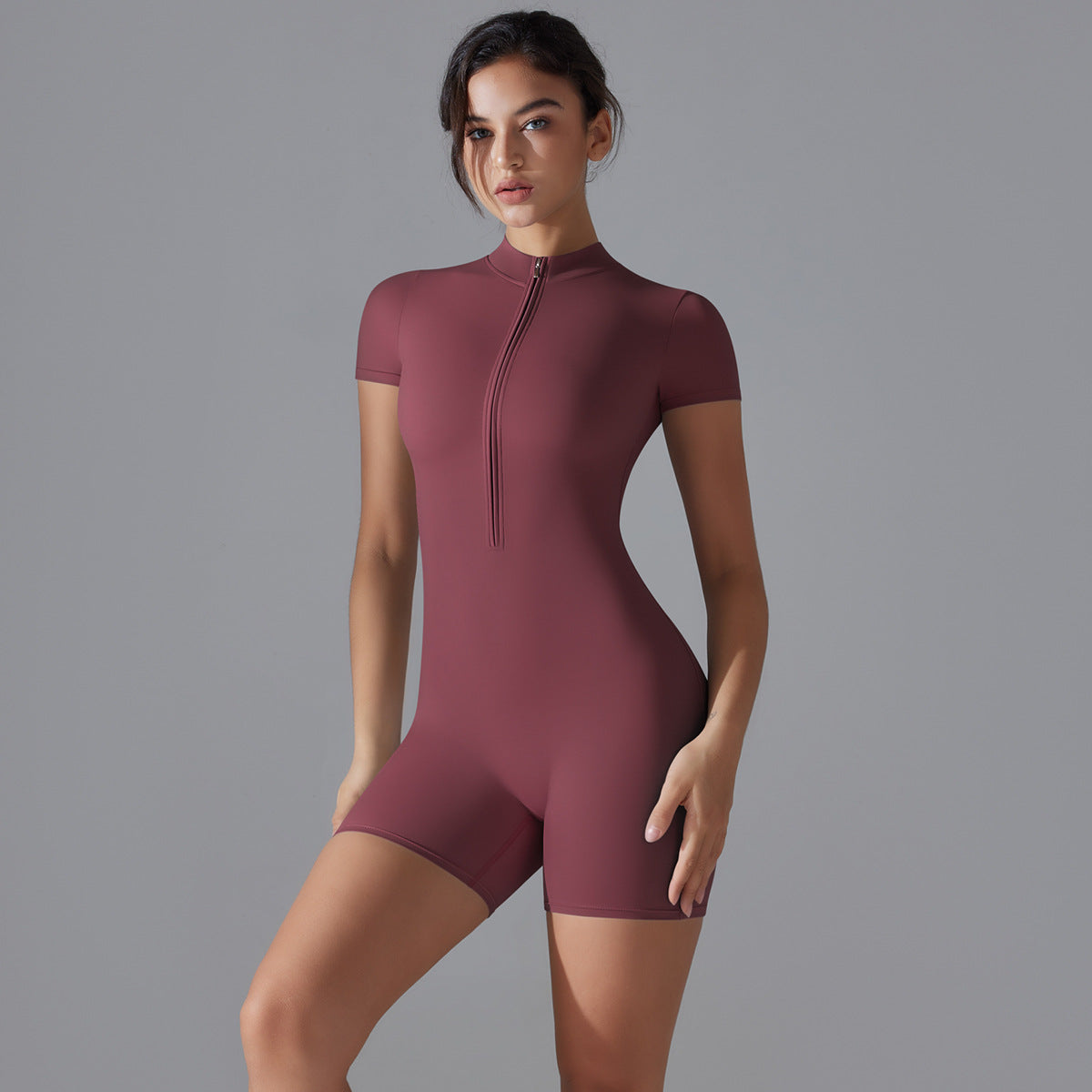 Summer Color Zipper Short Sleeve Slim Fit Yoga Wear One Piece Dance Fitness Tight Sports Jumpsuit