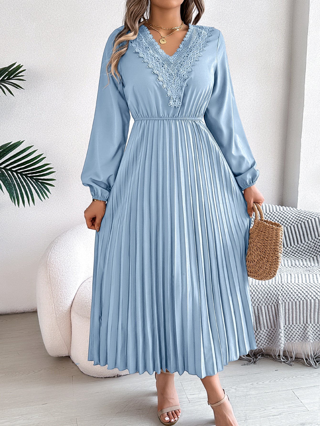 Spring Summer V Neck Lace Cinched Pleated Maxi Dress Clothing