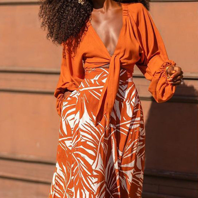 Autumn Arrival Printed Pants V Neck Top Long Sleeve Two Piece Set