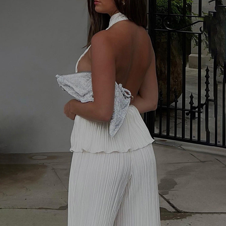 Halter Backless Sleeveless Vest White Pleated High Waist Wide Leg Pants Suit for Textured
