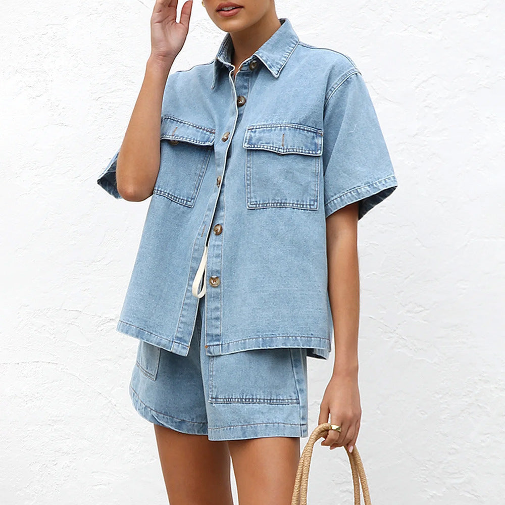 Retro Loose Pockets Short Sleeved Shirt Shorts Denim Two Piece Sets