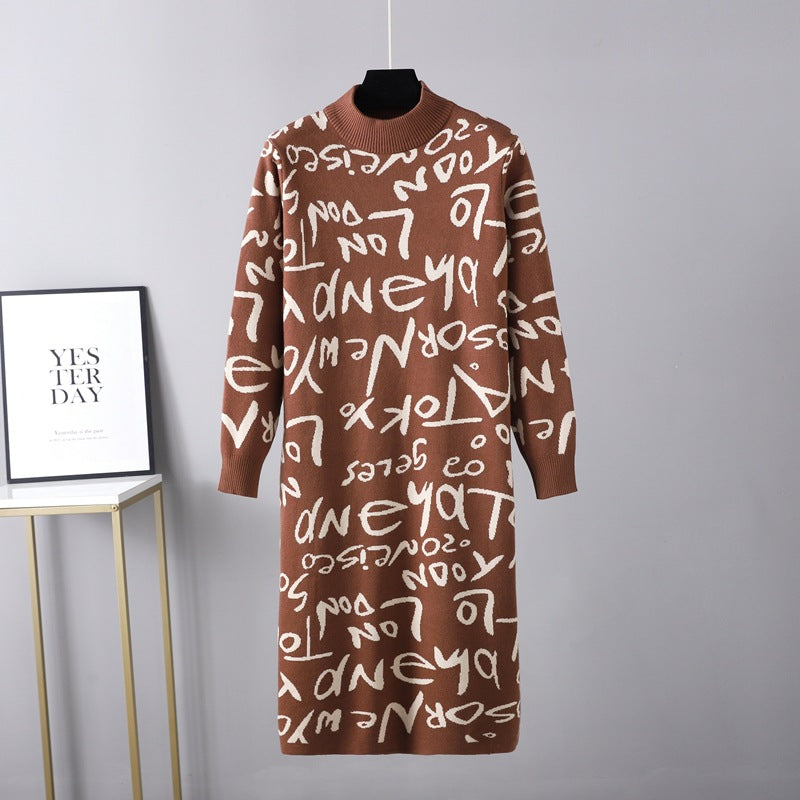 Clothing Autumn Winter Knitted Pullover Long Sleeve Letter Graphic Graffiti Sweater Dress