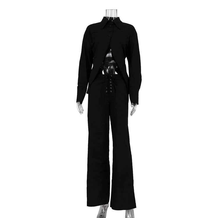 Collared Long Sleeves Cropped Design White Shirt Hollow Out Cutout Out Tied Wide Leg Pants Two Piece Set
