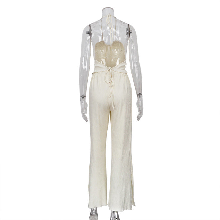 New Backless Spaghetti Straps Vest Beige Pleated Slim Fit Slit Blouse Pants