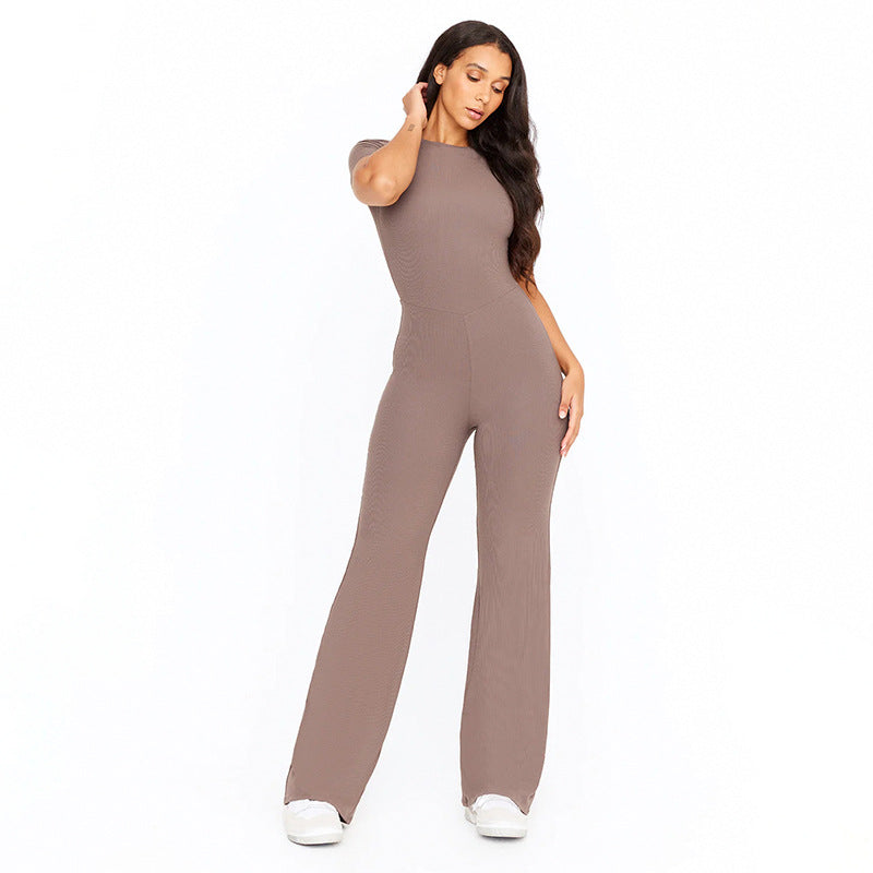 Summer Color Basic Shoulder Short Sleeve One Piece Trousers Tight Jumpsuit Trousers for