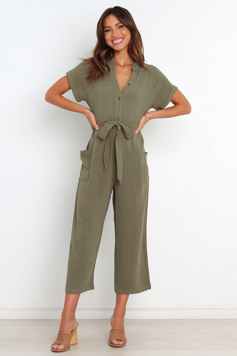Summer Color Pocket V Neck Cropped Wide Legged Jumpsuit