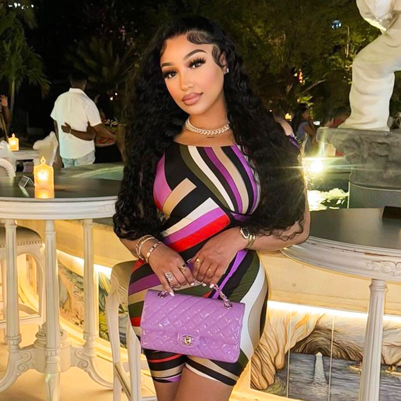 Clothing Summer Color Printed Short Sleeve Off Shoulder Slim Fit Romper