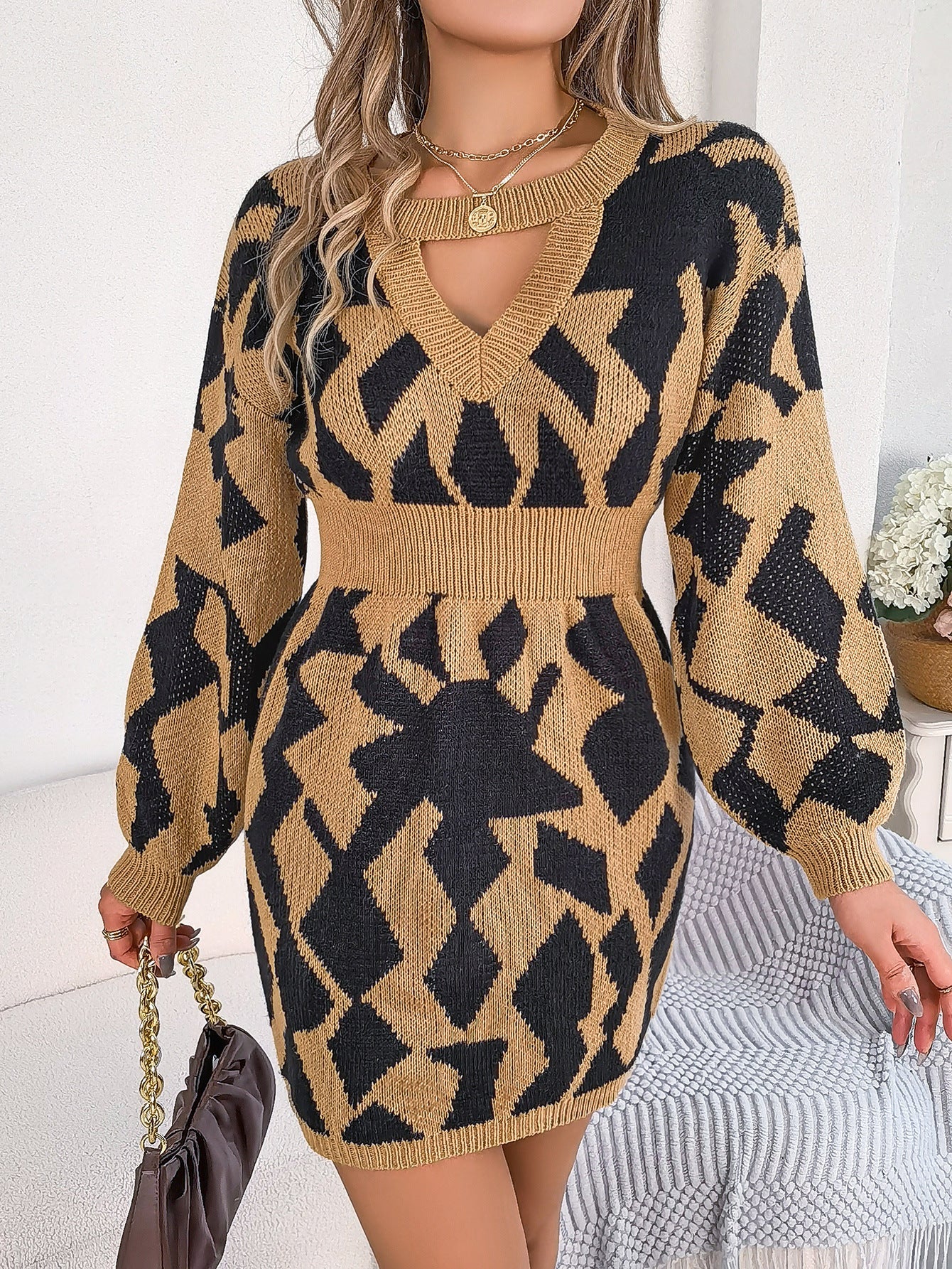 Autumn Winter Color Matching Hollow Out Cutout Out Lantern Sleeve Fitted Waist Sweater Dress Clothing
