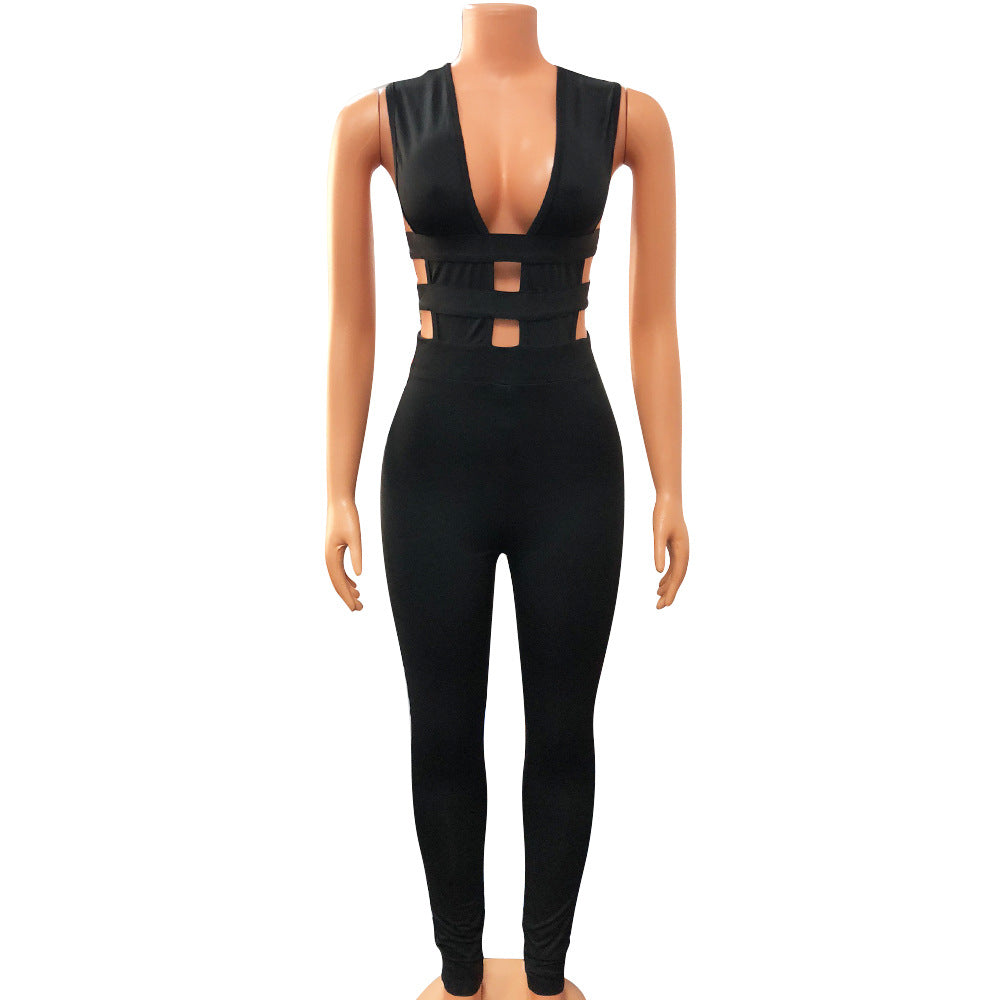 Autumn Winter Clothing Hollowed Out Stitching V Neck Sleeveless Tight Jumpsuit