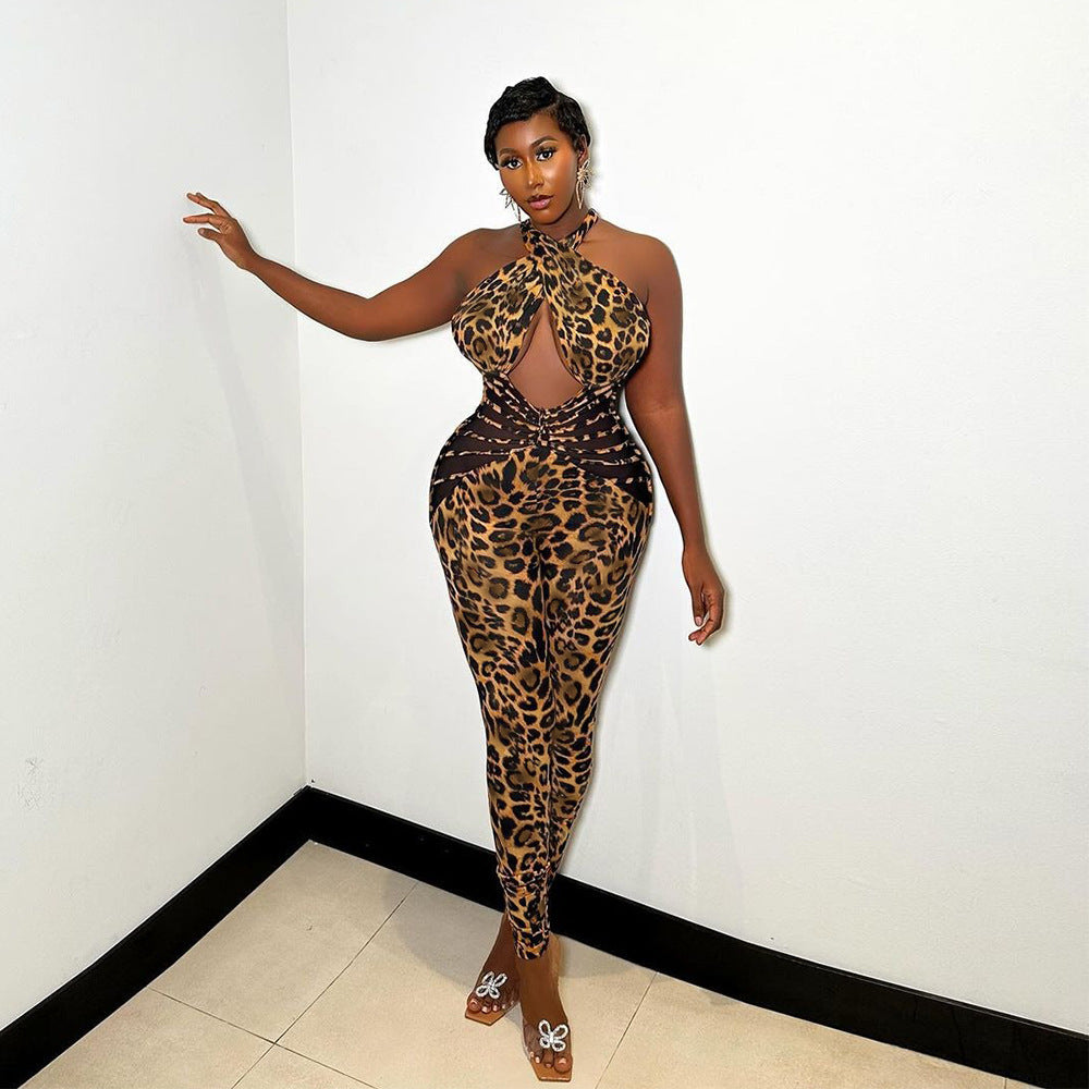 Clothing Summer Mesh Stitching Leopard Print Backless Jumpsuit