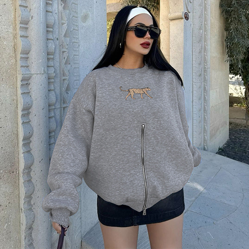 Clothing Winter Round Neck Zipper Leopard Print Long Sleeve Loose Fitting Pullover Coat