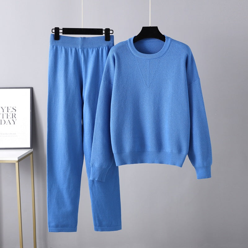 Autumn Winter Loose Sweater Two Piece Set Color Knitting Suit