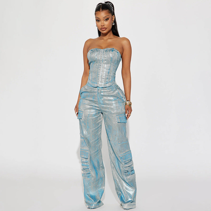 Clothing Metallic Coated Fabric Bright Silver Jeans Workwear With Pocket Pants Straight Leg Pants Sets