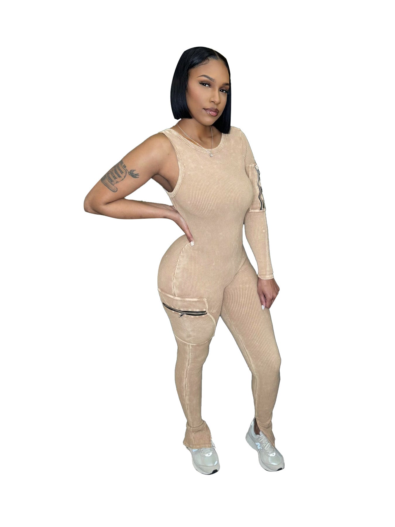 Wear Stretch Cotton Thread Large Pocket Single Sleeve Distressed Tight Jumpsuit