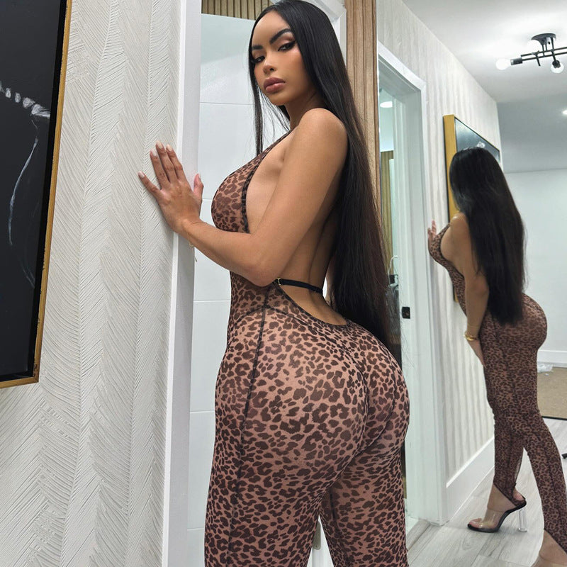 Summer Leopard Print Printed V-neck Backless Slim Fit Halter Jumpsuit