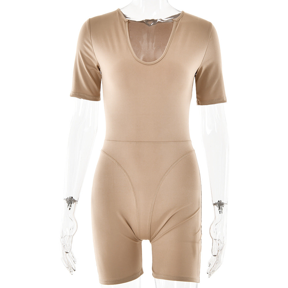 Popular Tight Jumpsuit Spring Summer Short Sleeve V Neck Patchwork Bottoming Shirt