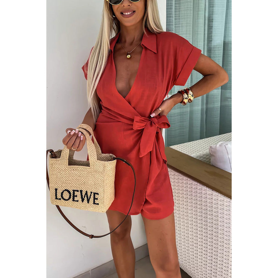Spring Summer Lace Up Turn Down Collar Jumpsuit Loose Vacation Jumpsuit