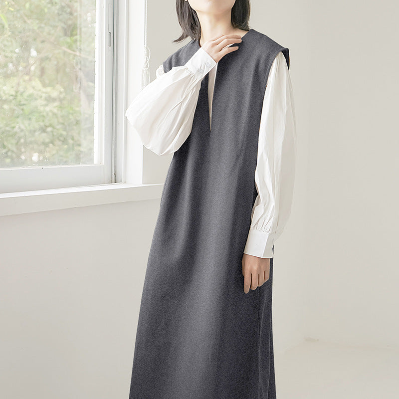 Real Shot Letian Autumn Winter 4 Color Woolen Coat V Neck Color Sleeveless Waistcoat Dress Outer Wear
