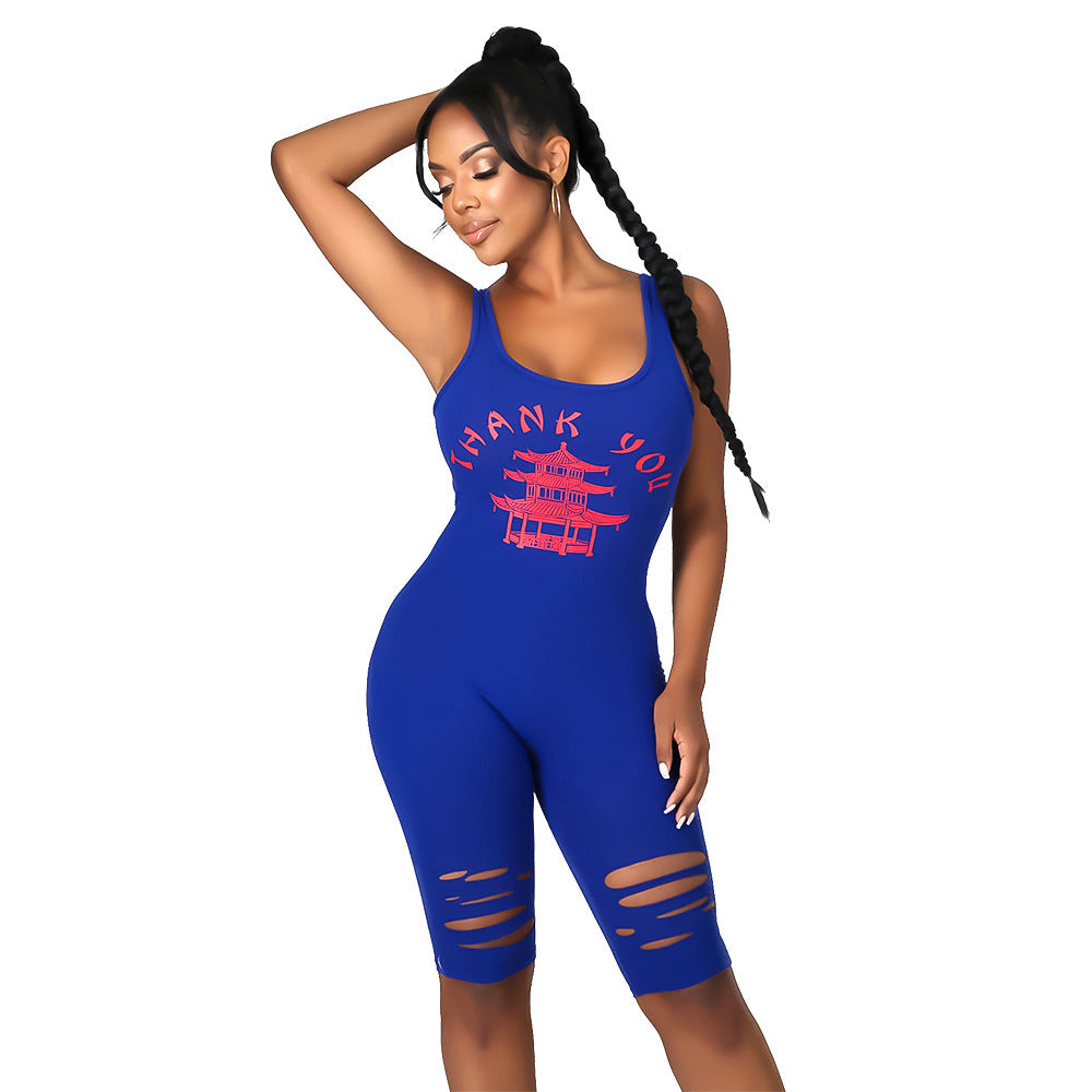 Summer Clothing Sports Printed Hollow-out Ripped for Romper
