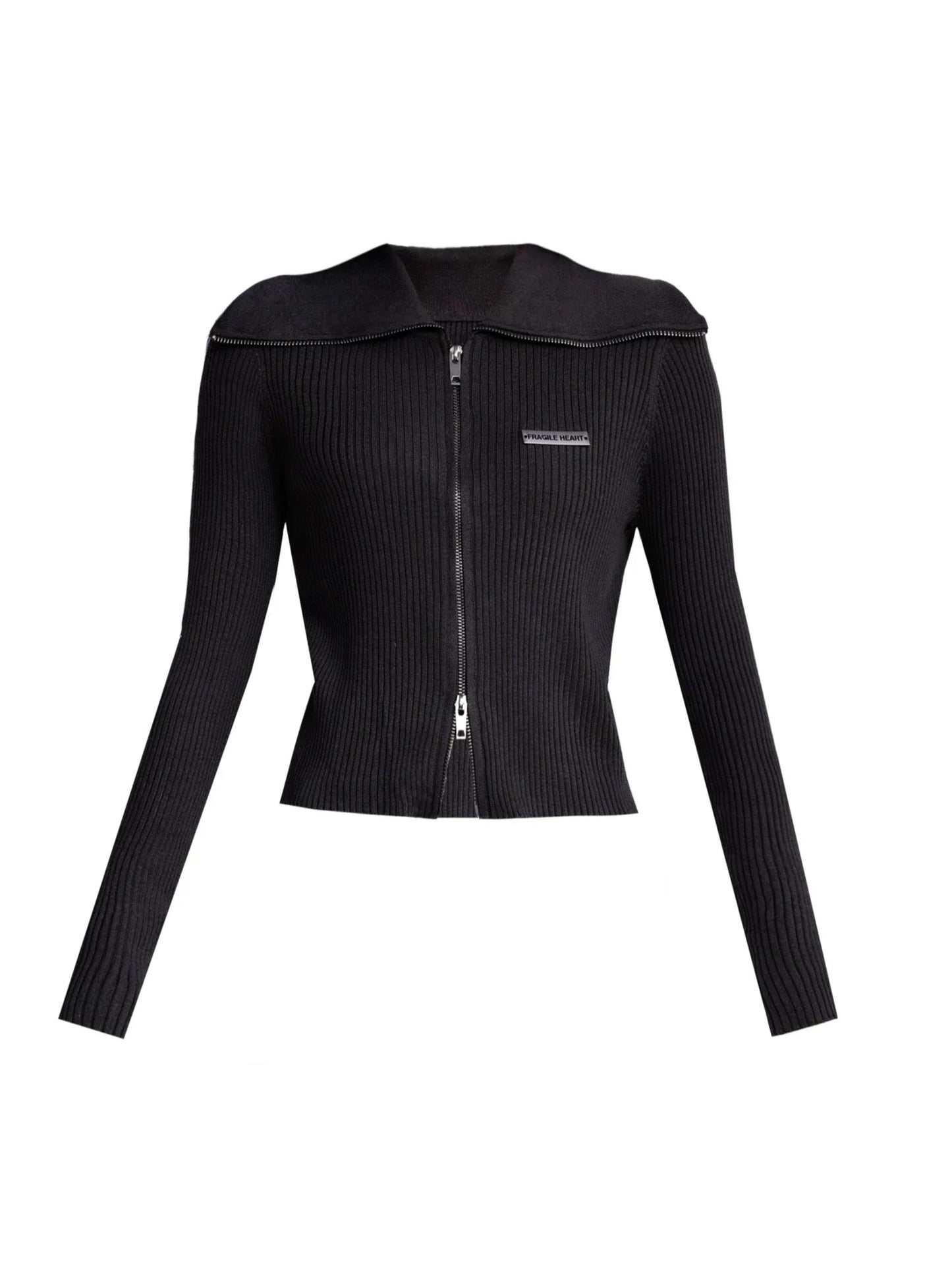 Ribbed Zip-front Cropped Cardigan - Fitted Long Sleeve Knit Top
