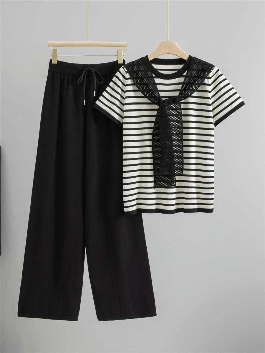 Black – Drawstring Short-sleeve Striped Two-piece Set
