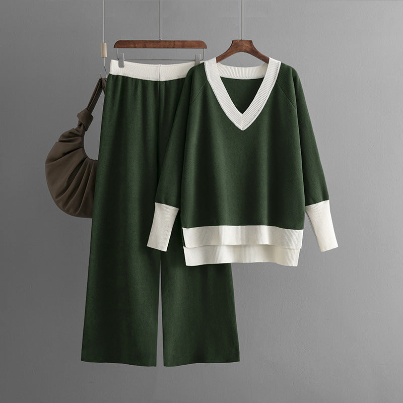 Set Autumn Winter V Neck Contrast Color Knitwear Loose Wide Leg Pants Two Piece Set
