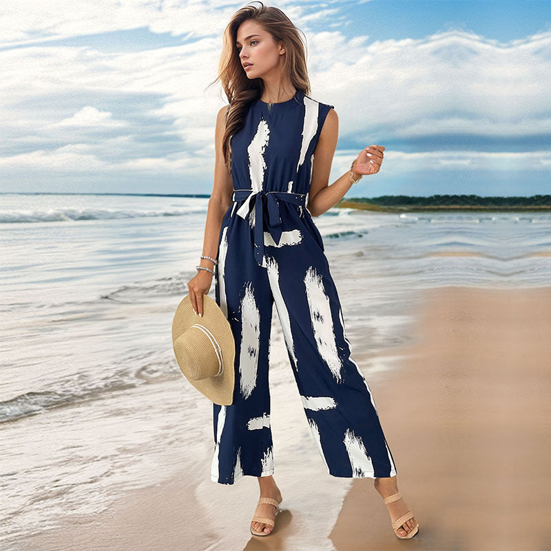 Summer Vacation One Piece Wide Leg Trousers Sleeveless Printed Jumpsuit