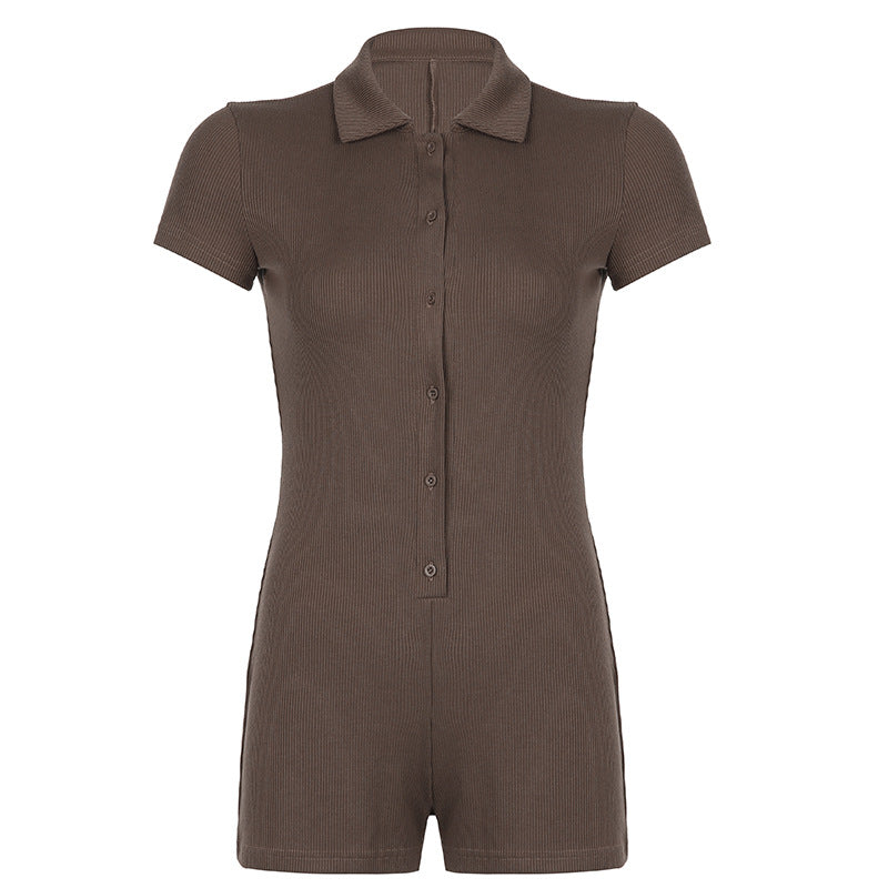 Color Polo Collar Breasted Rib Tight Basic Romper