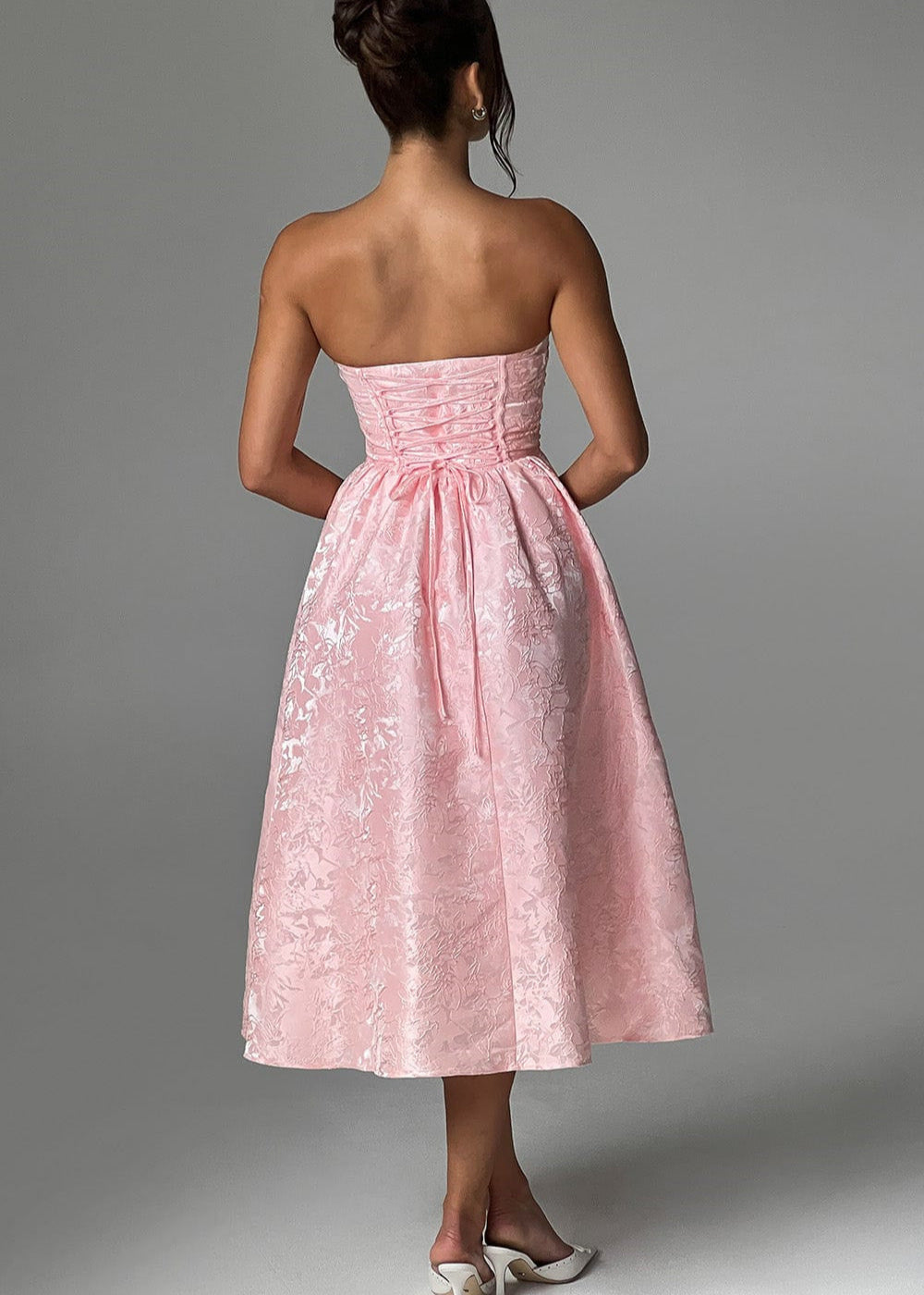 Blush Rosette – Strapless Jacquard Midi Dress With Corset Back