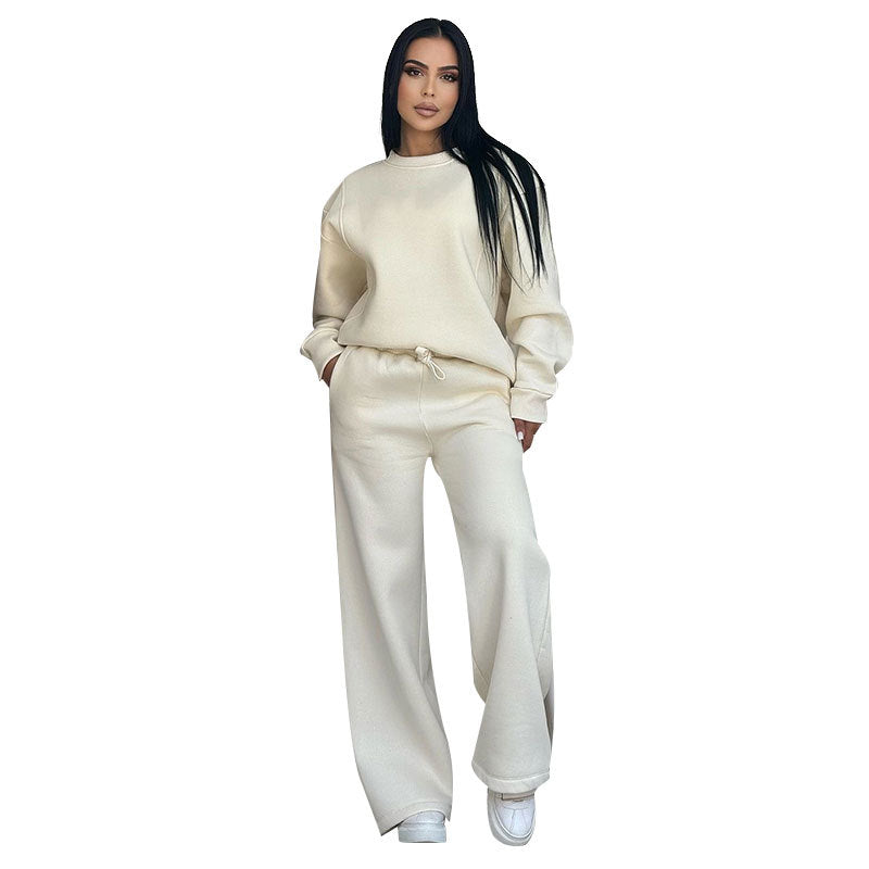 Autumn Winter Color Round Neck Long Sleeve Loose Wear Wide Leg Pants Suit