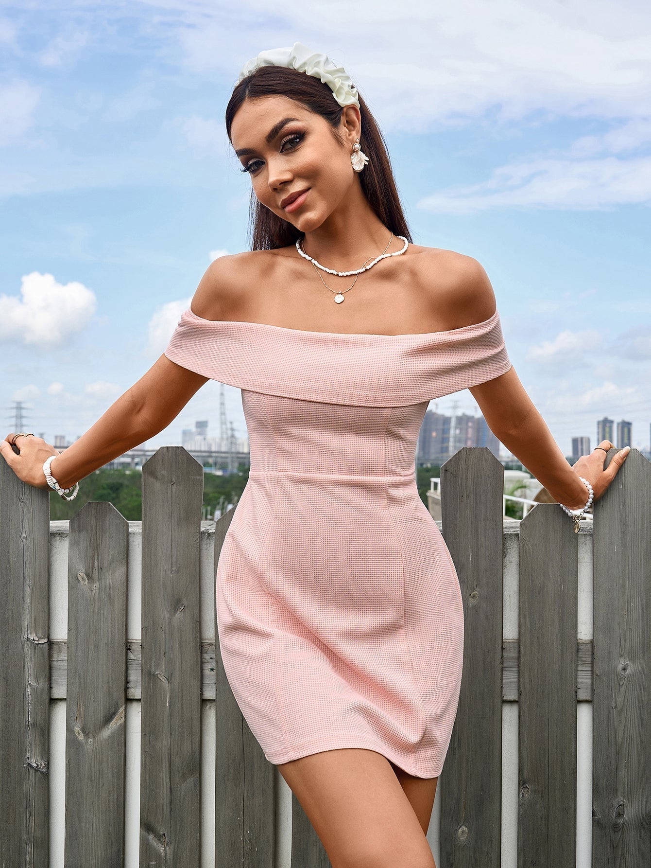 Off Shoulder Zipper Back Waffle Mini Dress