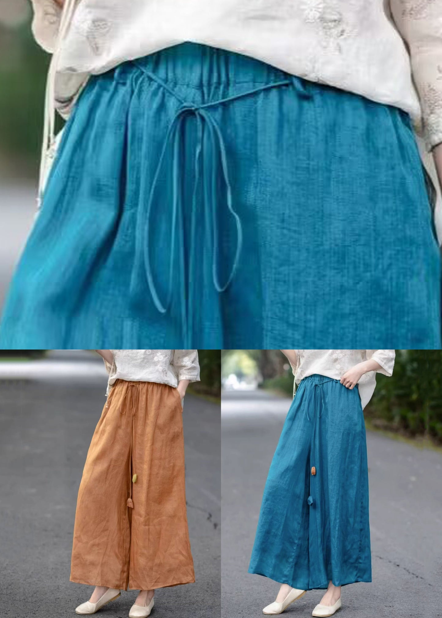 Elastic Cotton Orange Pants Pockets Crop Summer Waist