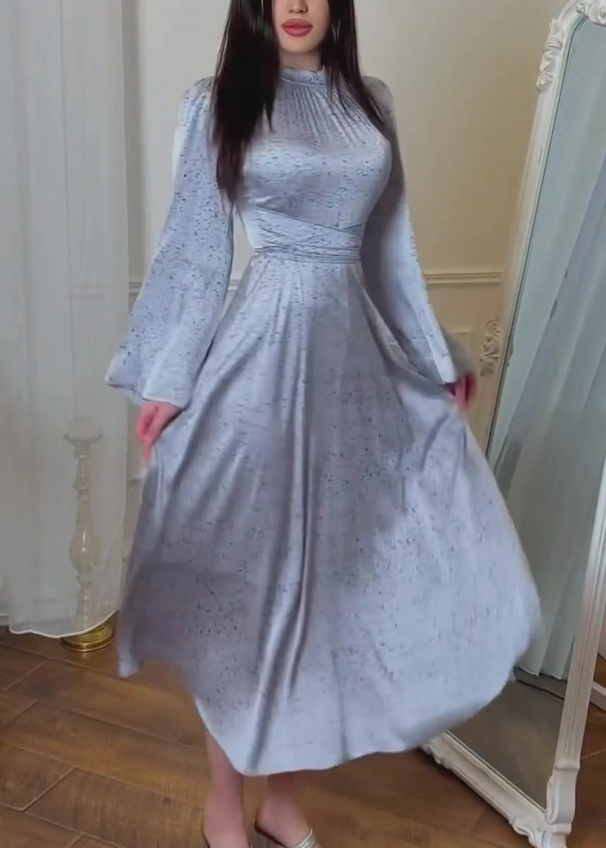 Organic Blue Lace Up Print Silk Maxi Dresses Fall Ql035