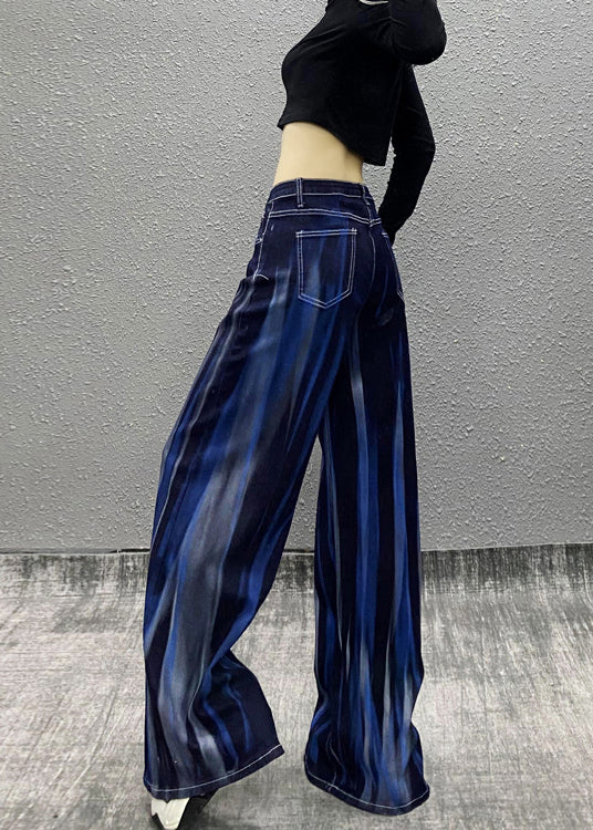 Organic Blue Pockets Tie Dye Denim Wide Leg Pants Fall Ri010